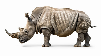 Obraz premium A young rhinoceros, side view, white solid background, photorealistic, professional studio light