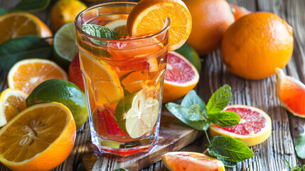 Glass of healthy lemonade and citrus fruits on wooden table