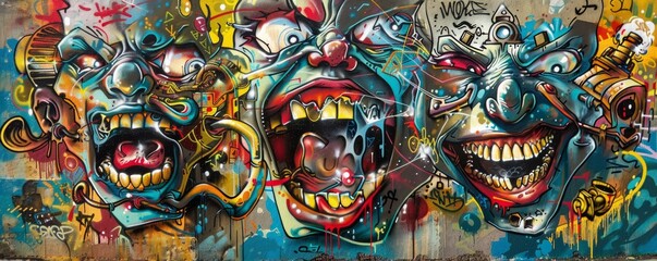 Vibrant street art graffiti triptych on urban wall