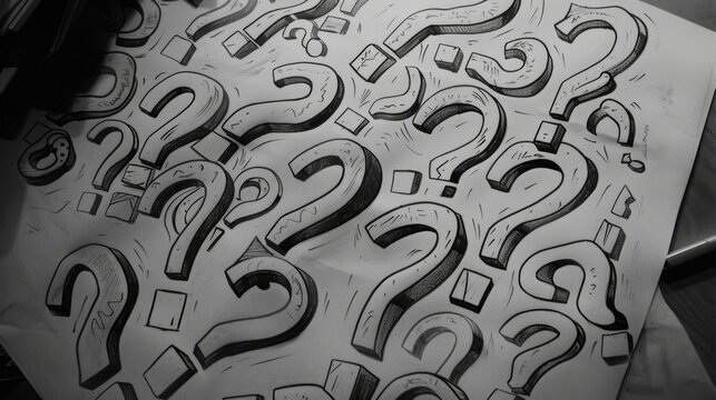 Monochrome Hand-Drawn Question Marks on Paper