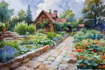 Fototapeta premium beautiful backyard vegetable garden, watercolor
