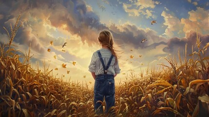 Fototapeta premium An ultra detailed oil painting of a cute little girl wearing a button down shirt and overalls standing in a cornfield during the Autumn season