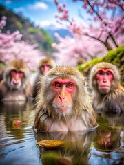 Japanese macaques soaking in a natural hot spring, surrounded by lush greenery and cherry blossoms in full bloom