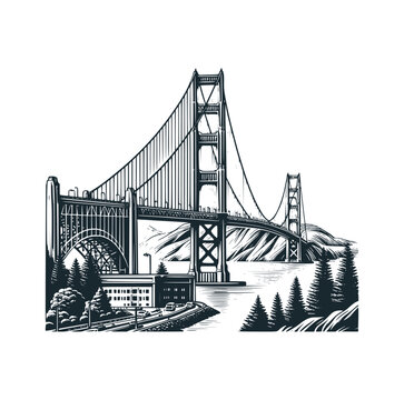 recommend clip art: The Golden Gate bridge. Black white vector illustration.