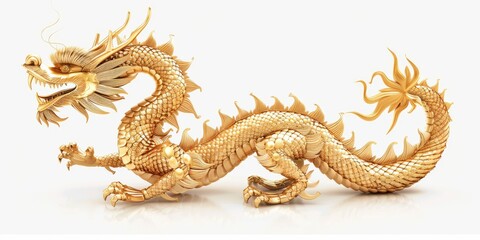 Golden Dragon Statue on White Background