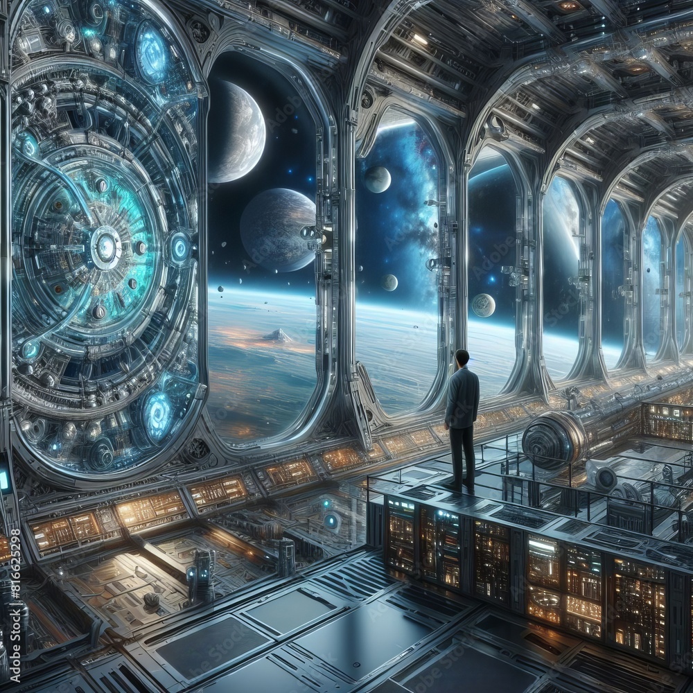Poster an astronaut gazes out at a celestial vista of planets from the corridor of a futuristic space stati