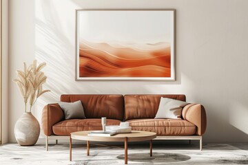 Modern minimalistic living room in a bohemian, scandinavian, nordic style. Mockup with a wall frame poster background. Interior design inspiration for a magazine, decoration, furniture concept.