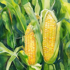 fresh corn, watercolor illustration, fine details