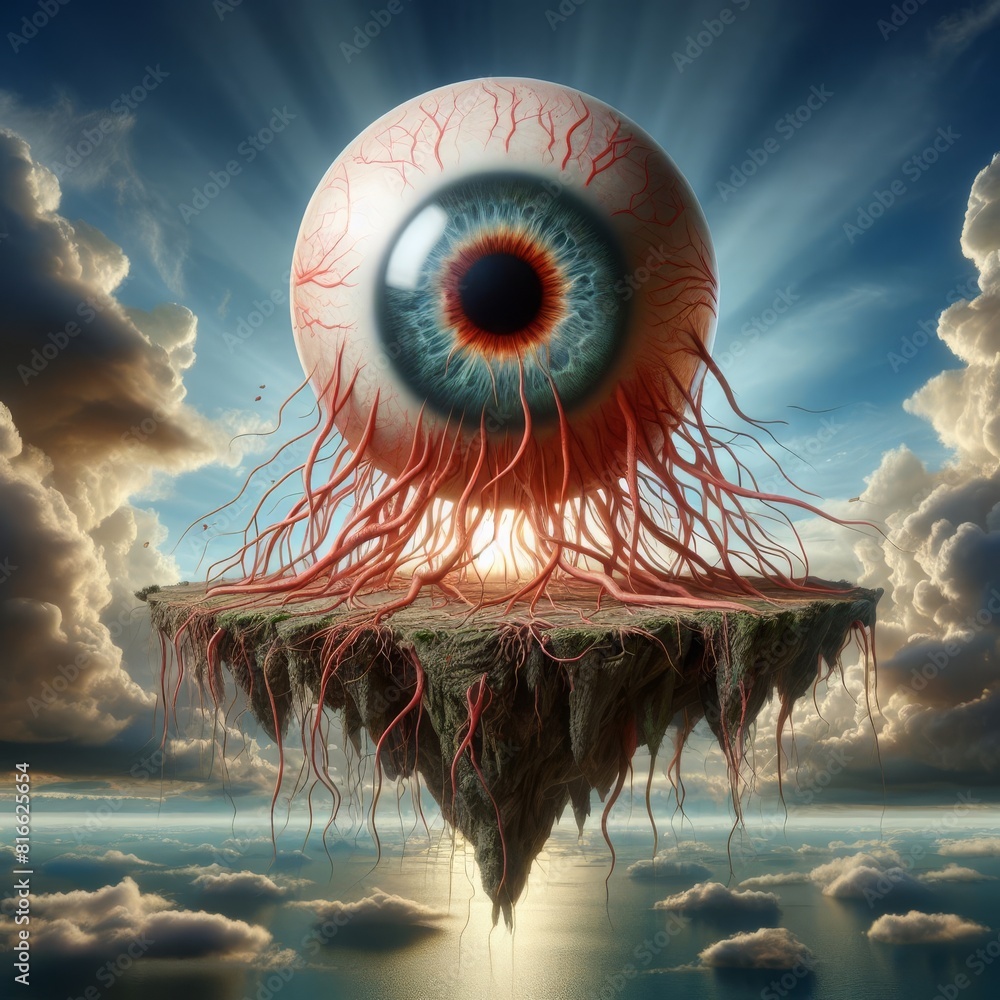 Poster A surreal artwork featuring a giant eye atop a floating island amidst a dreamscape of clouds.. AI Generation