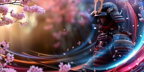 Traditional samurai warrior stands tall in armor with sword against cherry blossom. Concept Samurai Warrior, Armor, Sword, Cherry Blossom, Traditional Costume