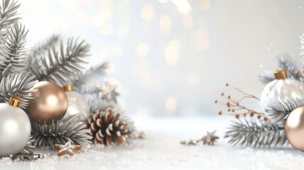 Silver and Gold Christmas Ornaments on White Background