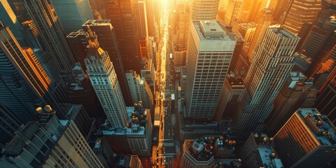 An aerial view of a financial district during sunset