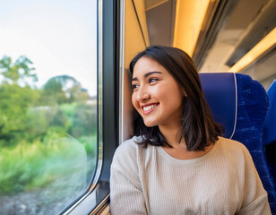 Young smiling brunette woman passenger looking outdoor window smile and enjoy on tour train