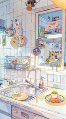 intricate kitchen space of lush fascination, white-inorganic-space, white tile, kitsch theme, reflection, kitchenware, faucet, photo frame,watercolor, anime