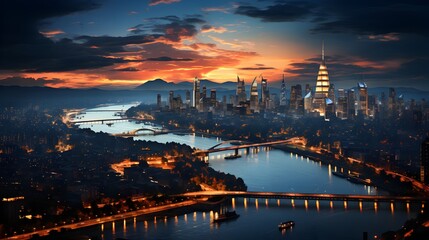 Fototapeta premium Aerial city, view of a captivating night skyline with high-rise buildings