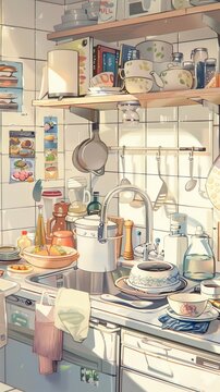 intricate kitchen space of lush fascination, white-inorganic-space, white tile, kitsch theme, reflection, kitchenware, faucet, photo frame,watercolor, anime, anime theme