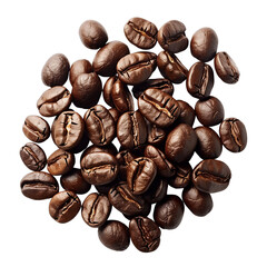 Pile of roasted coffee beans from top view. Concept for coffee product advertising. Isolated on transparent background