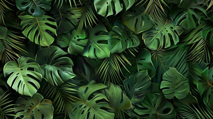 Monstera green leaves or Monstera Deliciosa in dark tones luscious green, background or green leafy tropical pine forest patterns for creative design elements