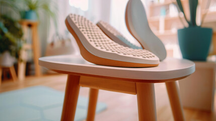 Orthopedic insoles on stool in room closeup