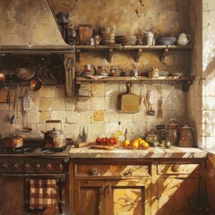 rustic kitchen with vintage appliances, oil painting,