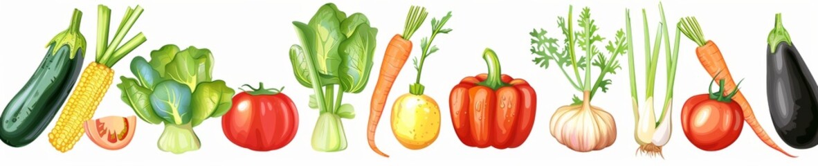 simple vector spread array of vegetables, white background 