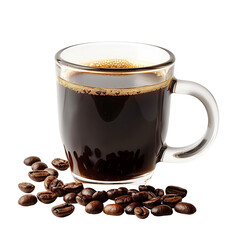 Black coffee on the glass mug surrounded with roasted coffee. Concept for coffee product advertising. Isolated on transparent background with clipping path