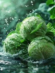 Fototapeta premium Vegetable poster, a few cabbage, water splashing,Solid coloroackground,illustration, light colour, fine detail,