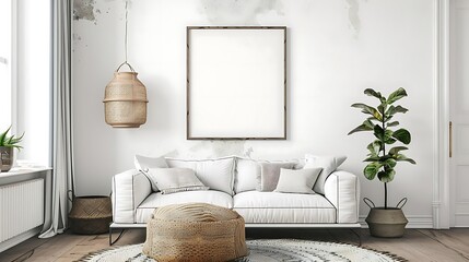 The photo shows a bright, modern living room with a white sofa, a brown leather pouf, and a gray rug