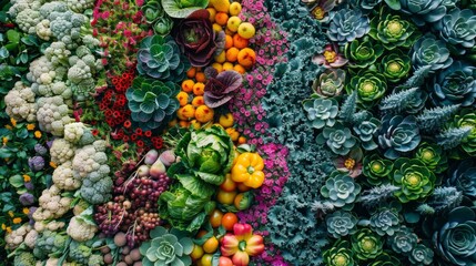 An overhead shot of a colorful organic vegetable patch arranged in an aesthetically pleasing pattern.