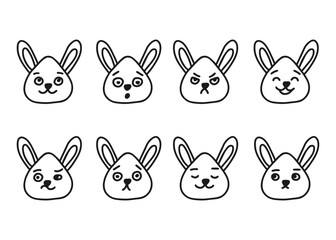 Hare, bunny head different facial expressions, line doodle character set. Hand drawn outline emotion on rabbit face. Happy, angry, sad and other mood. Vector illustration