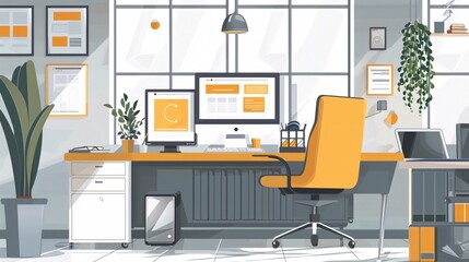 Illustration of a typical office space featuring a desk, chair, and various green plants