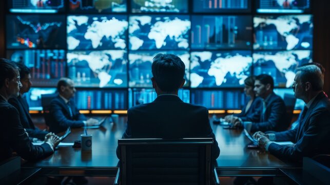 Business executives in a video conference discussing global markets