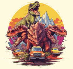 Dinosaurs chase monster truck , t-rex