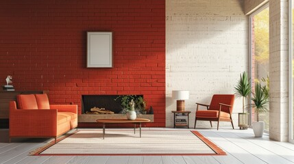 Fototapeta premium Modern Living Room with Red Accent Wall and Minimalist Furniture in a Contemporary Style, Featuring Crimson Red and Light Beige for a Bold and Inviting Home Space