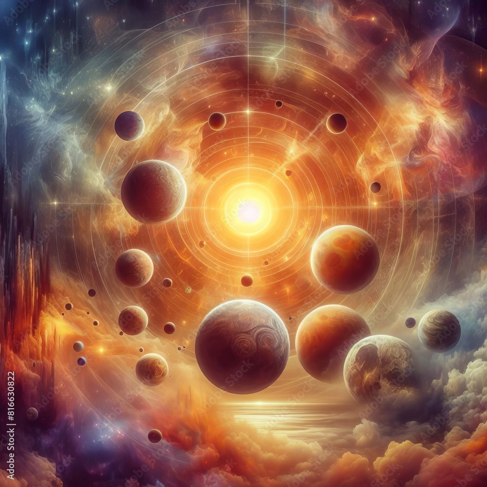 Poster a mesmerizing depiction of various planets aligned in cosmic orbits surrounded by clouds and stellar