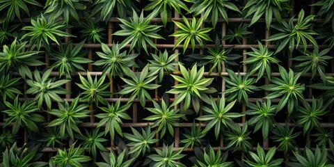 Cannabis plants arranged in a lattice pattern, viewed from above, emphasizing symmetry and order.