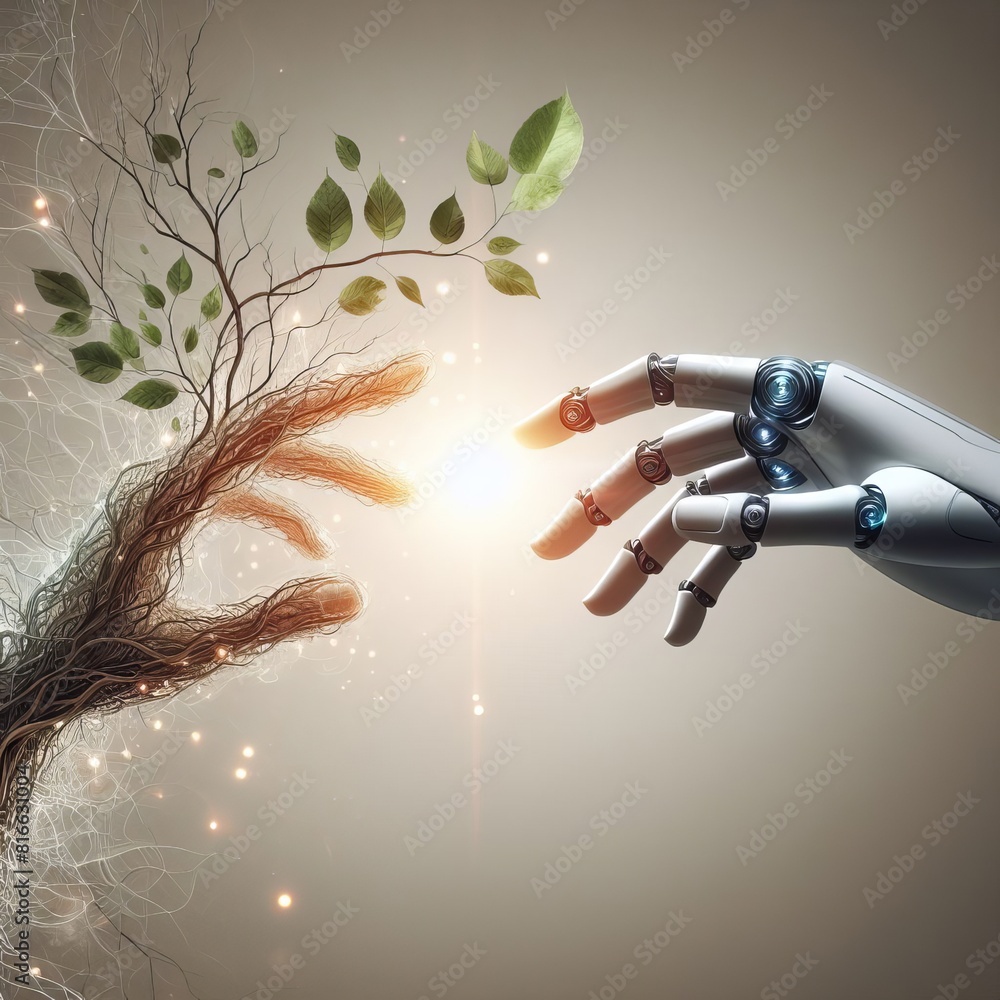 Poster a robotic hand reaches towards a tree branch, a metaphor for the intersection of technology and the 