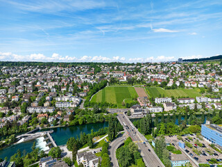 Aerial view of district Grünau and district Höngg with Limmat River and Europe Bridge at Swiss...