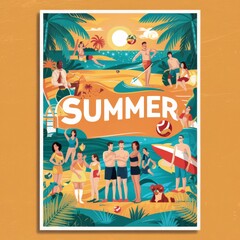 Stylish vector art series of summer posters. People are enjoying themselves at the beach, playing volleyball, swimming, and sunbathing.