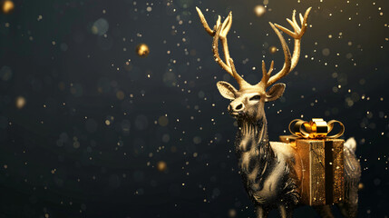 Golden reindeer with Christmas gift on dark background - Powered by Adobe