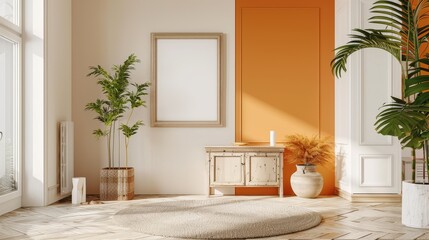 Fototapeta premium Modern Living Room with Orange Accent Wall and Cozy Furniture in a Contemporary Style, Featuring Bright Orange and Light Beige for a Warm and Inviting Home Space