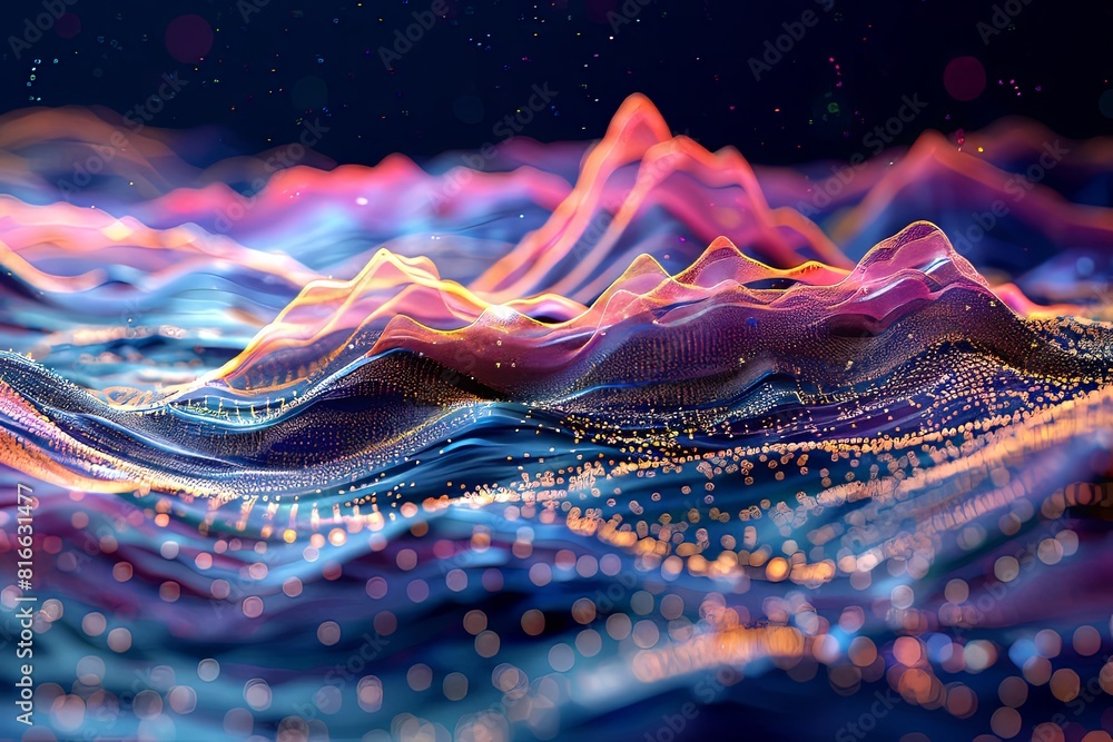 Poster a colorful abstract wave with dynamic movement and energy, showcasing a mix of bold colors and fluid