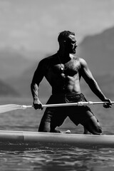 Strong muscular man with paddle board. Man paddling on paddleboard. Muscular strong Hispanic man on sup board paddle surfing. SUP surfing in summer vacation in Alps lake in Switzerland.