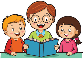 cartoon kids and teacher reading book,illustration,vector