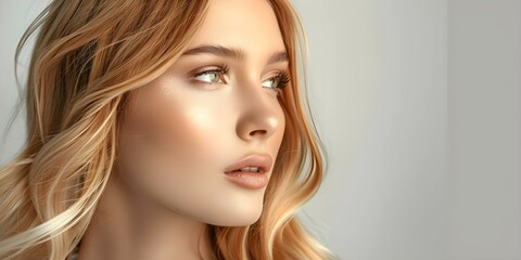 Naklejka premium Blonde Eurasian Woman in Profile Against White Background with Copy Space. Concept Portrait Photography, Creative Backgrounds, Copy Space, Profile Shots, Blonde Hair