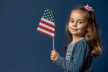 Navy blue background with a little girl proudly holding a USA flag, Memorial Day.