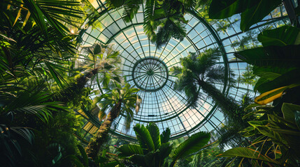Green trees under glass dome in botanical garden - Powered by Adobe
