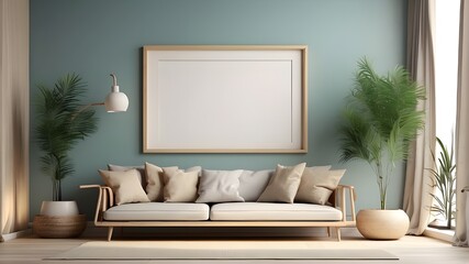 Frame mockup on a modern home interior background, 3D render.