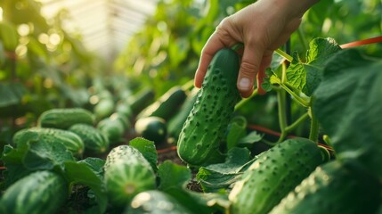 Close-up of a hand picking ripe cucumbers in a greenhouse
