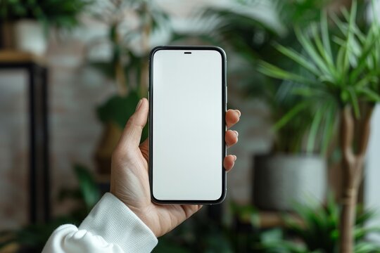 mock up phone in woman hand showing white screen, Canon 1Ds 35 mm f/1,4